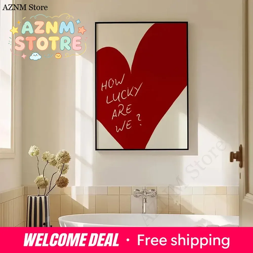 Home Decor How To - 1枚のフレームレス赤いハート型の「幸運だよ私たち」ポスターキャンバス絵画、モダンなプリントウォールアート、寝室の家の装飾、バレンタインG