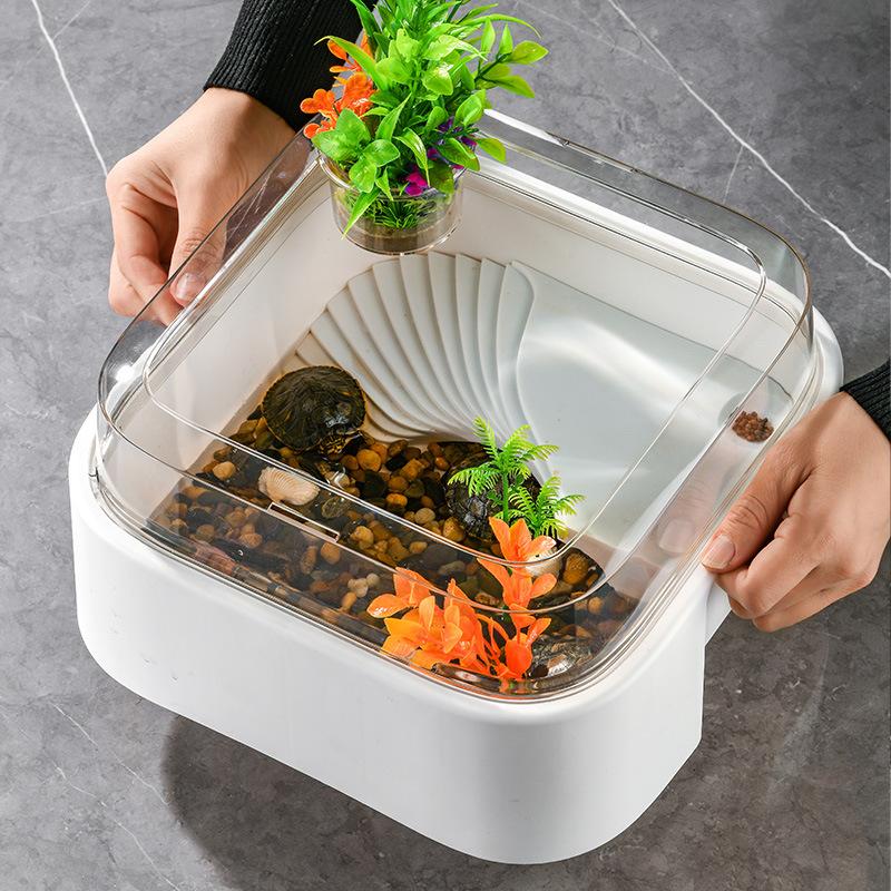Home Decor Habitat - 透明なカメ用タンク型生息ボックス、サンプラットフォーム付き、小型ペット用デスクトップ爬虫類用ホームデコレーション