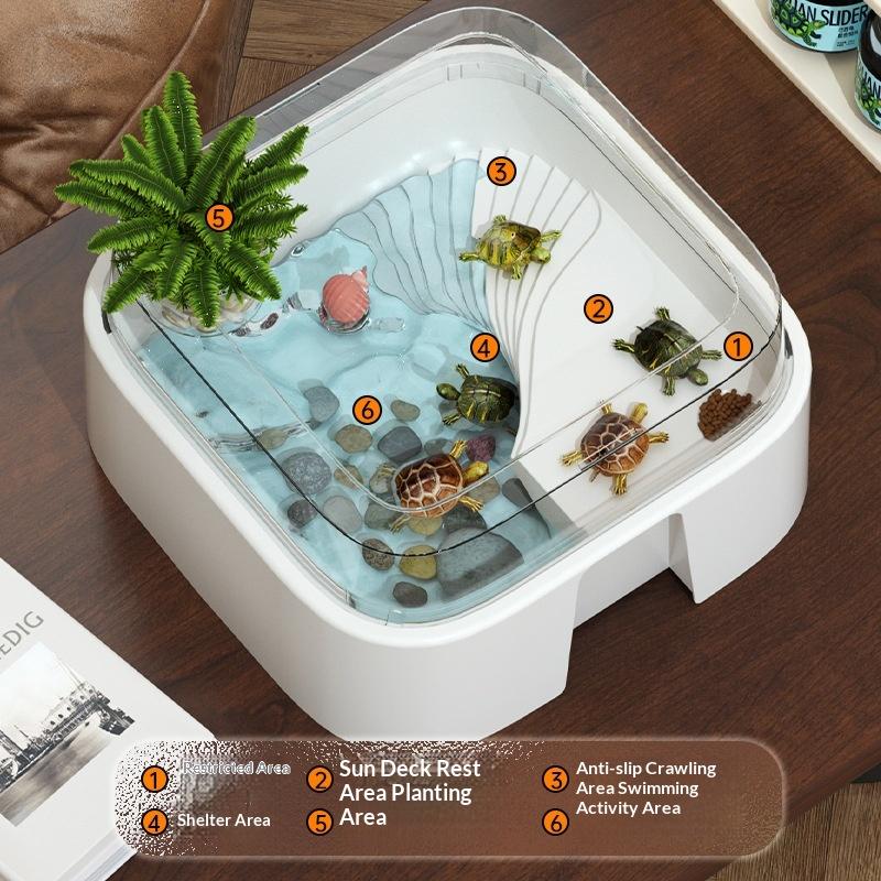 Home Decor Habitat - 新しい透明なカメ飼育タンク、卓上装飾カメボックス、日光浴プラットフォーム付き、シンプルな爬虫類飼育場