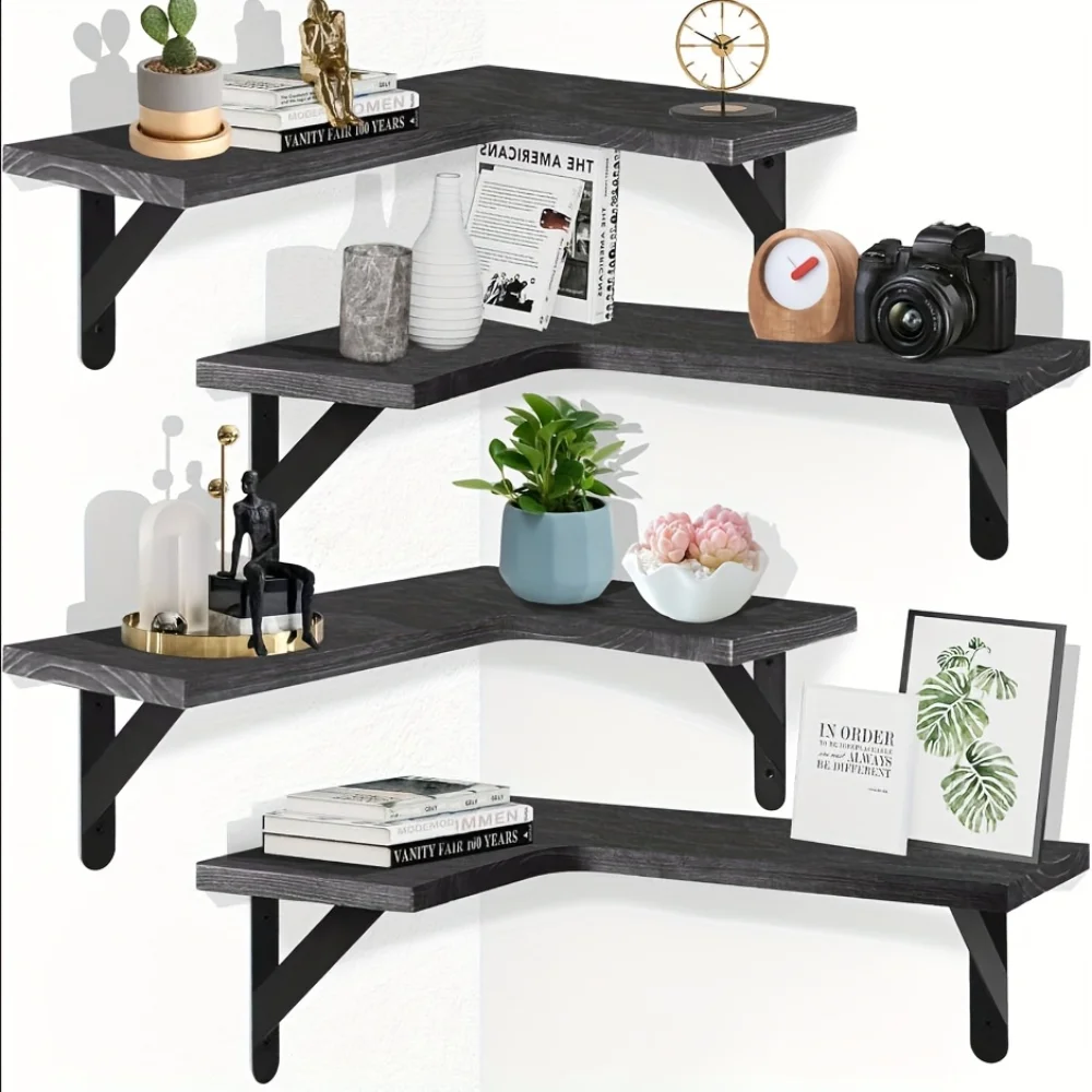 Floating Shelves - 天然木目調フローティングシェルフ 壁掛けコーナー収納 モダンな家の装飾 キッチンオーガナイザー