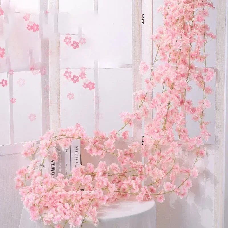 Rattan Plant Basket - 135 花頭 1 個シルク人工桜バラつる壁掛け花装飾籐偽植物葉花輪 Rom