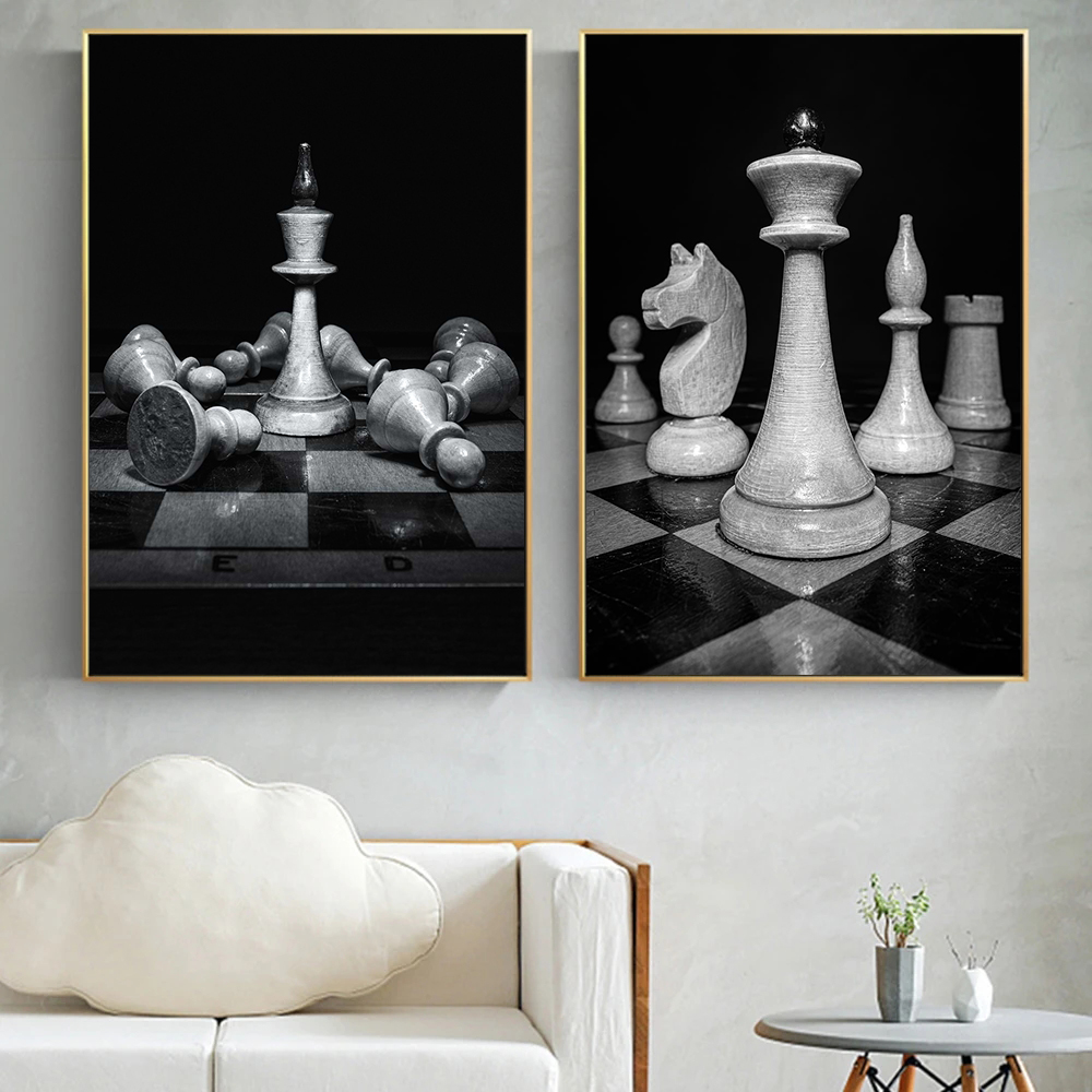 Home Decor Game - 黒と白のキングナイトチェスゲームキャンバス絵画ウォールアート写真プリントポスターリビングルームホームクアドロス装飾用