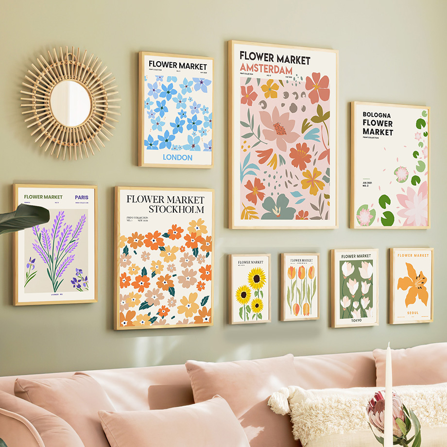 Home Decor Market - フラワーマーケットウォールアートカラフルなキャンバス絵画北欧植物ポスタープリントされたリビングルームの家の装飾絵画