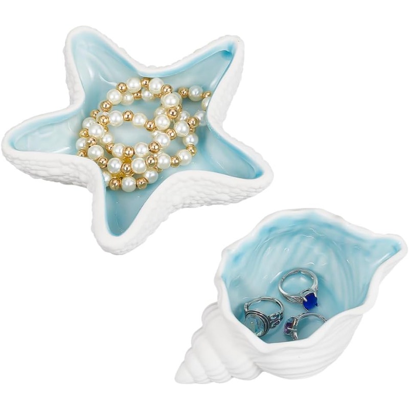 Ceramic Trinket Dish - セラミックの海をテーマにした装飾的な装身具,ジュエリートレイ,巻き貝,ヒトデの形,アクアシェル,リング,イヤリングホルダー,2個