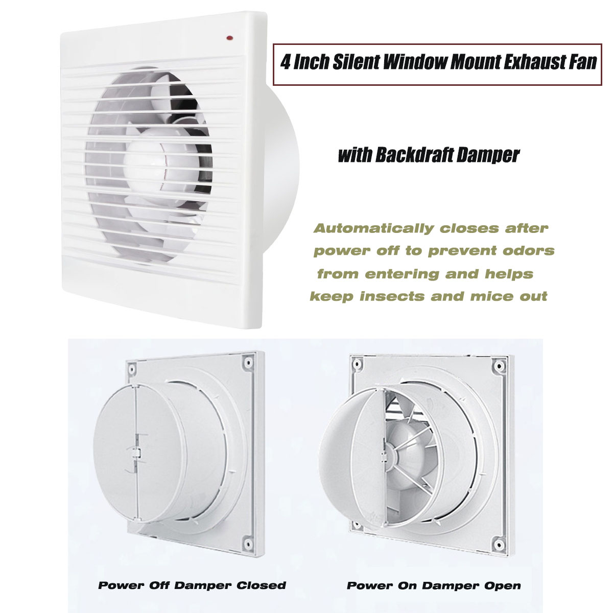 Home Decor Uk - 4インチ静音窓取り付け排気ファン（逆風ダンパー付き）、浴室トイレキッチン換気扇、GB EU UKプラグ対応