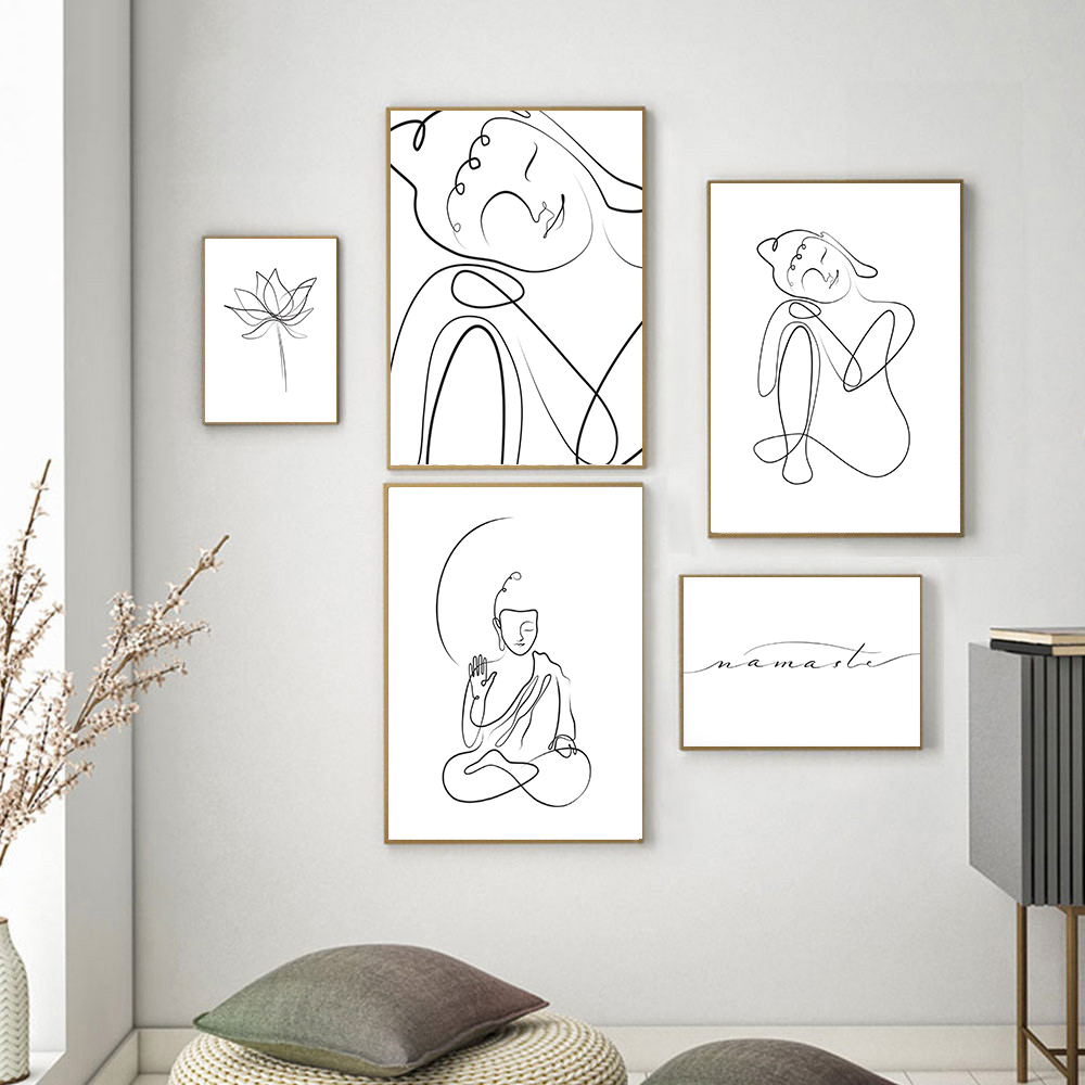 Home Decor Zen - 瞑想仏像ラインキャンバス絵画ポスターミニマリスト禅一線画ナマステ引用ヨガウォールアート家の装飾