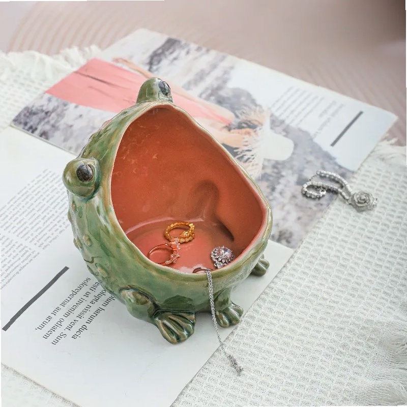 Ceramic Trinket Dish - セラミック製カエル型ジュエリートレイ、大きな口のリングホルダー、可愛い動物型小物入れ、デスクデコレーション、キャッチオールボウル、女性・女の子へのギフト