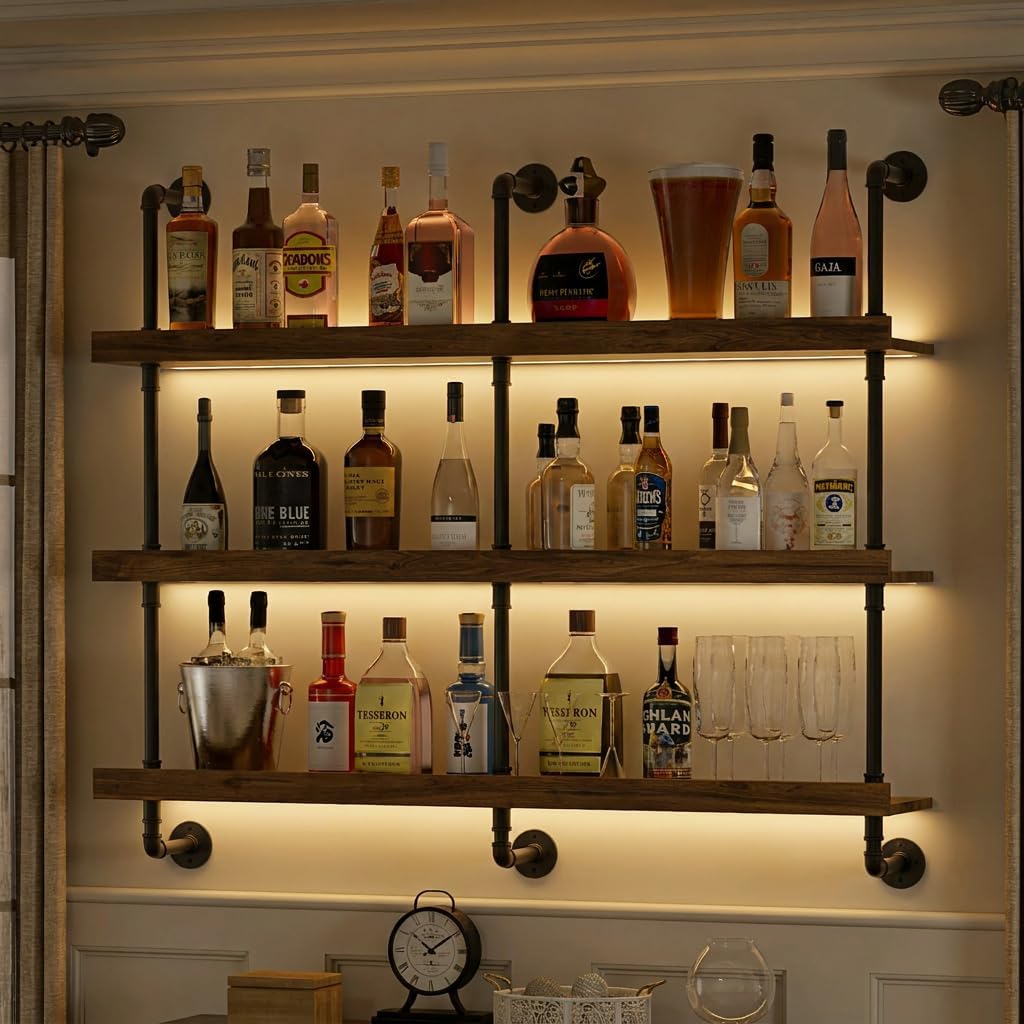 Floating Shelves - 壁掛けワインラック LEDライト付き 3段フローティングバーシェルフ 酒瓶ディスプレイ収納用 モダンなワインホルダーオーガナイザー キッチン