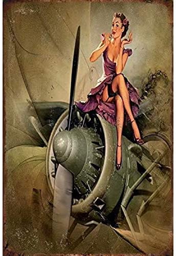 Home Decor Wall Panels - ヴィンテージ風ブリキ看板 ミリタリーピンナップガール メタルウォールパネル レトロアート装飾 ホーム クラブ