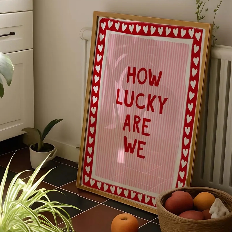 Home Decor How To - 幸運な壁掛けアート キャンバスプリント ピンク レッド ストライプ 引用句