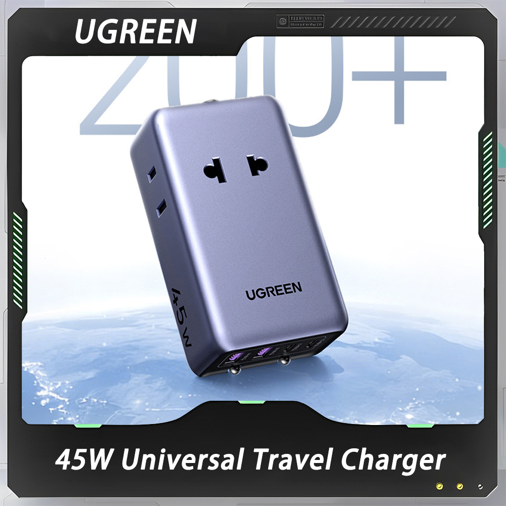Home Decor Uk - UGREEN 45Wアダプタープラグアダプター GaNユニバーサル旅行用充電器 2つのType-Cポート、2つのACコンセント、2つのUSBポート搭載 米国、EU、英国、オーストラリアのプラグ対応 ギフト