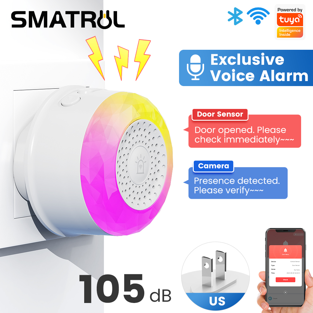 Home Decor Uk - SMATRUL Tuya WiFi サウンド＆ライトアラームセンサー、EU/US/UKプラグ付き、スマートライフアプリ制御対応、ドア/窓センサー、カメラ、土壌センサー