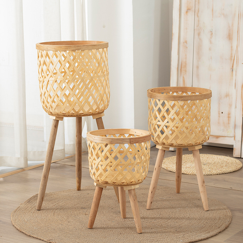 Rattan Plant Basket - 竹製植木鉢 木製植物スタンド 籐製植物バスケット ホームデコレーション バルコニー リビングルーム