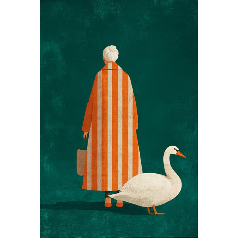 Home Decor Zen - オレンジと白のストライプのポスターに描かれた老婦人と白いガチョウのキャンバス絵画、ウォールアート、リビングルームの家の装飾