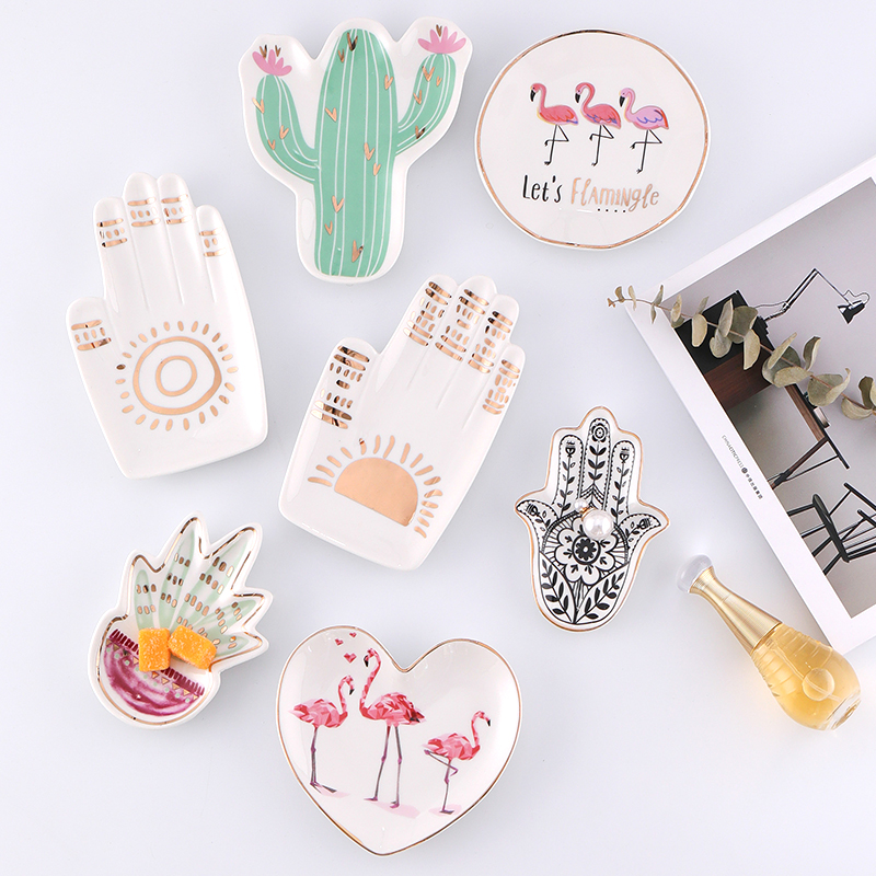 Ceramic Trinket Dish - 小さなハムササンハンドセラミック皿、フラミンゴ、サボテン、パイナップル、王冠、装飾ジュエリー、装身具皿、ネックレス収納トレイ