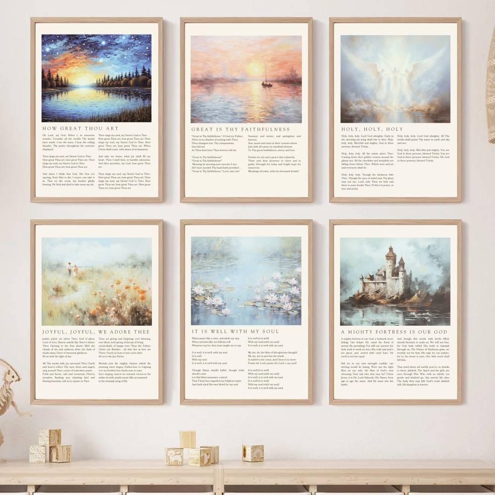 Home Decor How To - キリスト教の賛美歌ポスター「アメージング・グレイス」古い荒れた十字架「あなたはいかに偉大か」油絵聖書賛美歌の歌詞ホーム教会の壁飾り