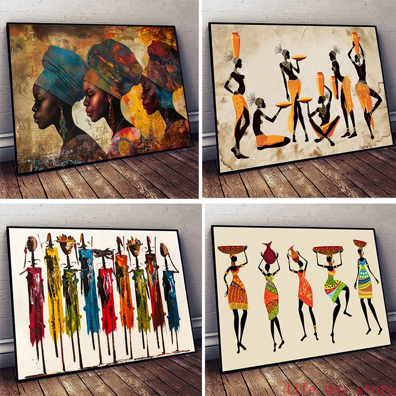 エスニックアフリカ黒人女性キャンバス絵画ヴィンテージ壁アート - Home Decor Zen のレビューと価格