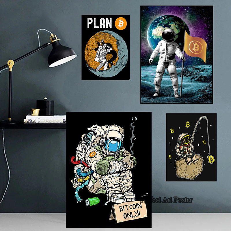 暗号宇宙飛行士サーフィンビットコイン株式市場ポスタープリント - Home Decor Market のレビューと価格