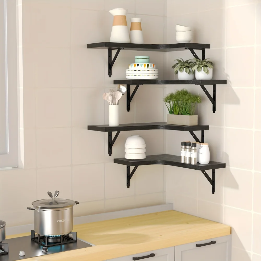 天然木目調フローティングシェルフ 壁掛けコーナー収納 モダン - Floating Shelves のレビューと価格