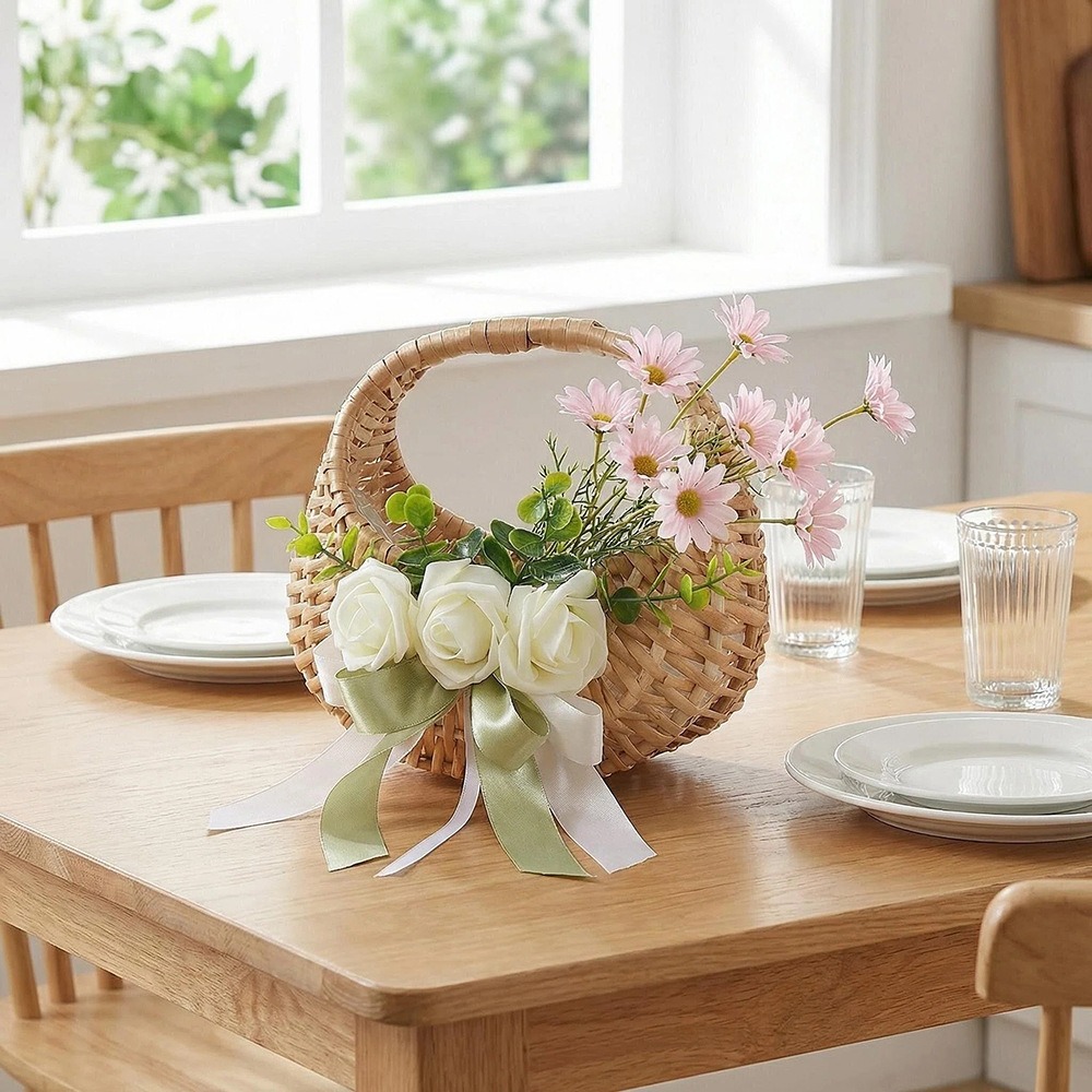 籐フラワーガールバスケット ローズリボン付き 手編みウェディ - Rattan Plant Basket のレビューと価格