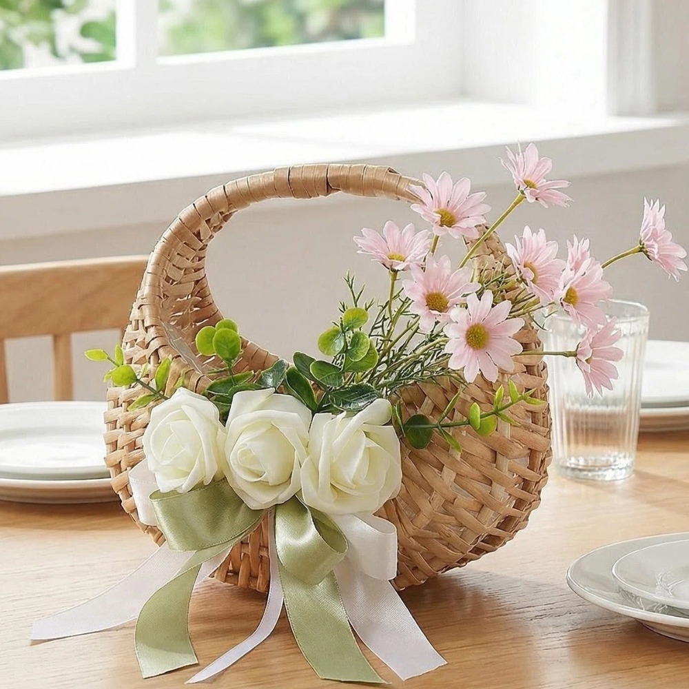 籐フラワーガールバスケット ローズリボン付き 手編みウェディ - Rattan Plant Basket のレビューと価格