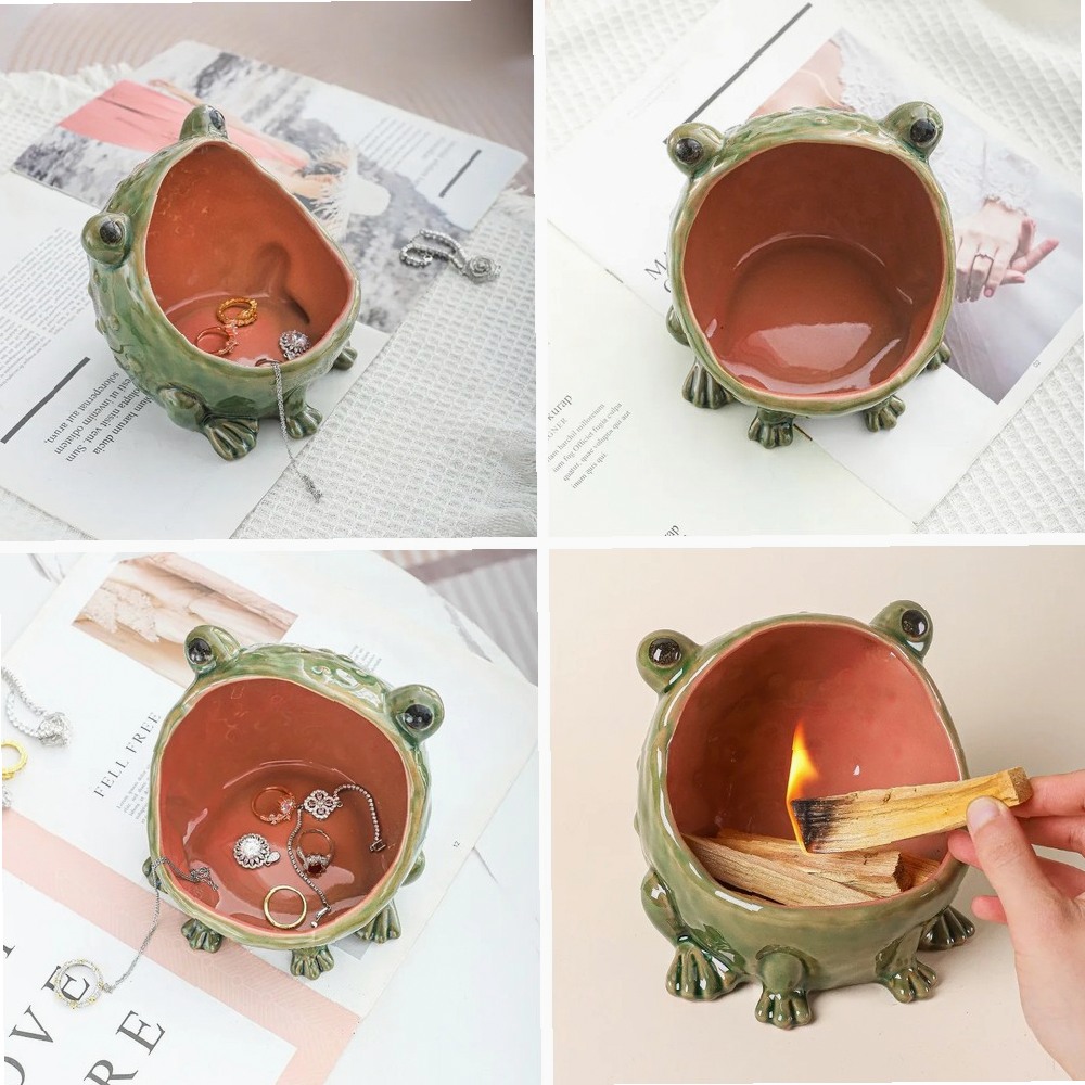 セラミック製カエル型ジュエリートレイ、大きな口のリングホルダ - Ceramic Trinket Dish のレビューと価格