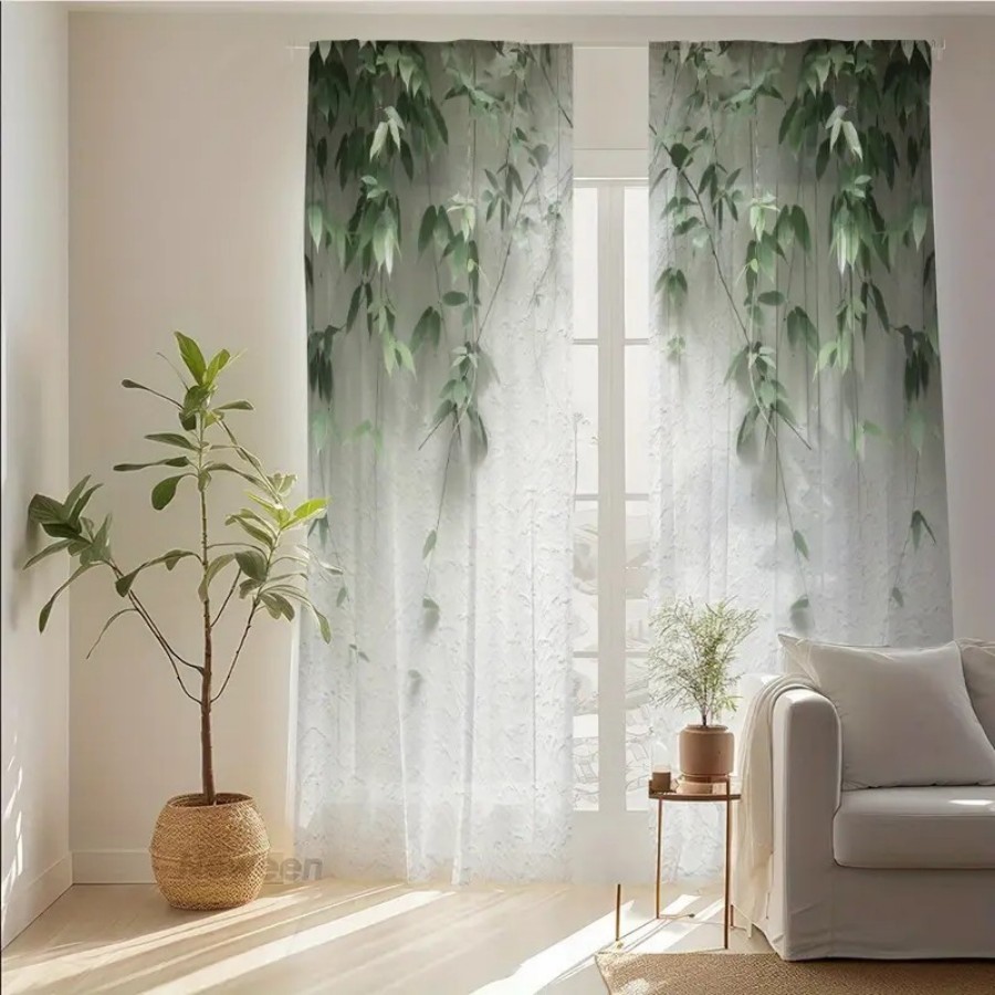 2枚組デジタルプリントシアーカーテン、緑の葉と白い壁のミニマ - Home Decor Wall Panels のレビューと価格