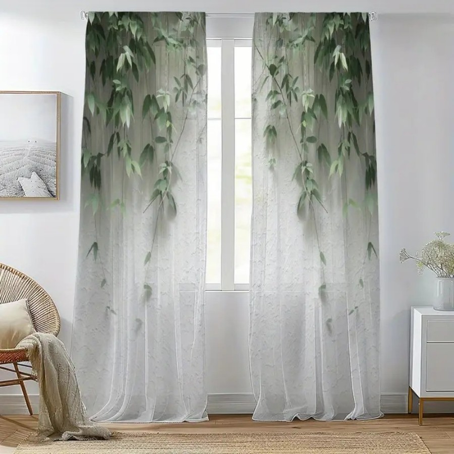 2枚組デジタルプリントシアーカーテン、緑の葉と白い壁のミニマ - Home Decor Wall Panels のレビューと価格