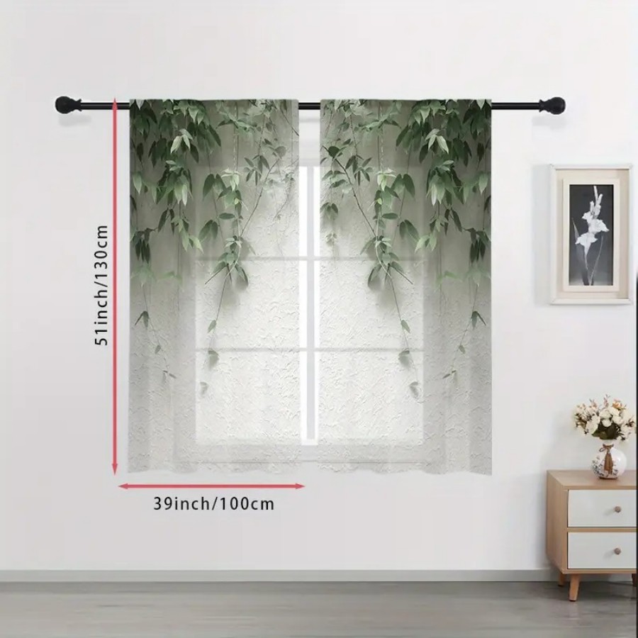 2枚組デジタルプリントシアーカーテン、緑の葉と白い壁のミニマ - Home Decor Wall Panels のレビューと価格