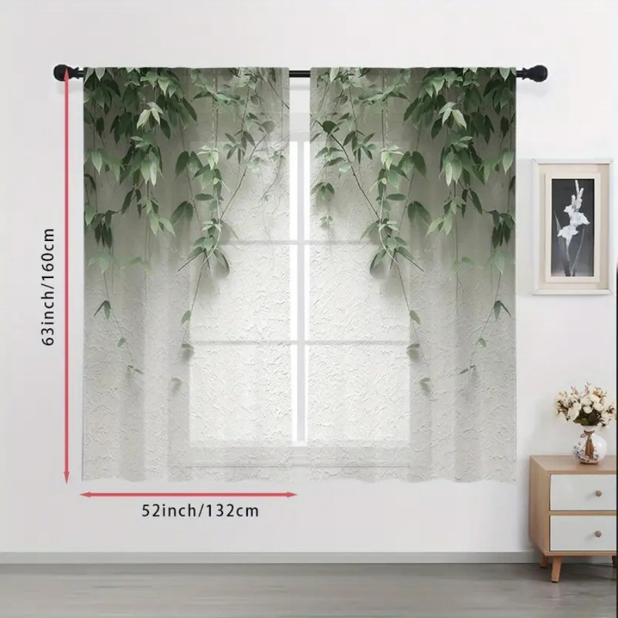 2枚組デジタルプリントシアーカーテン、緑の葉と白い壁のミニマ - Home Decor Wall Panels のレビューと価格