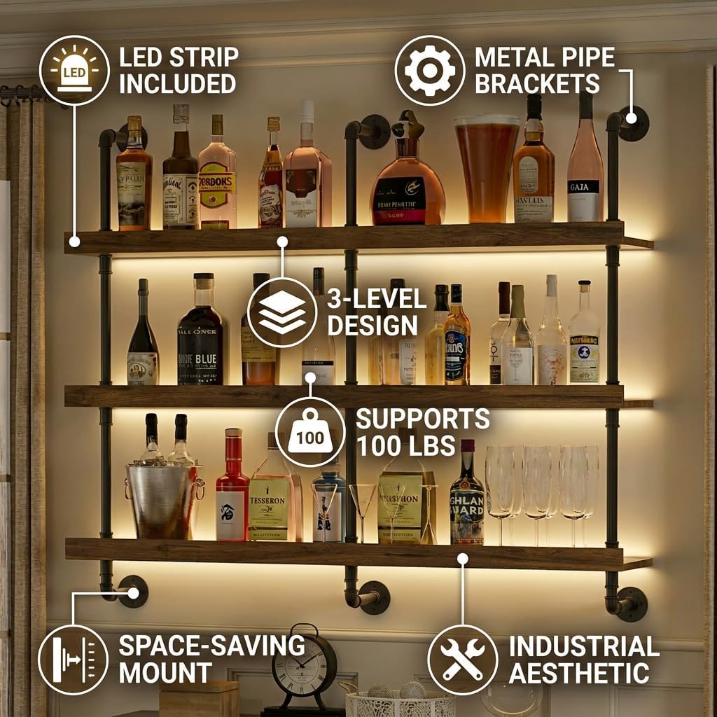 壁掛けワインラック LEDライト付き 3段フローティングバー - Floating Shelves のレビューと価格