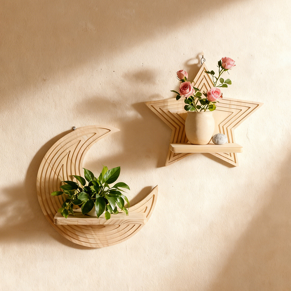 月と星の形をした木製フローティングウォールシェルフ、植物や装 - Floating Shelves のレビューと価格