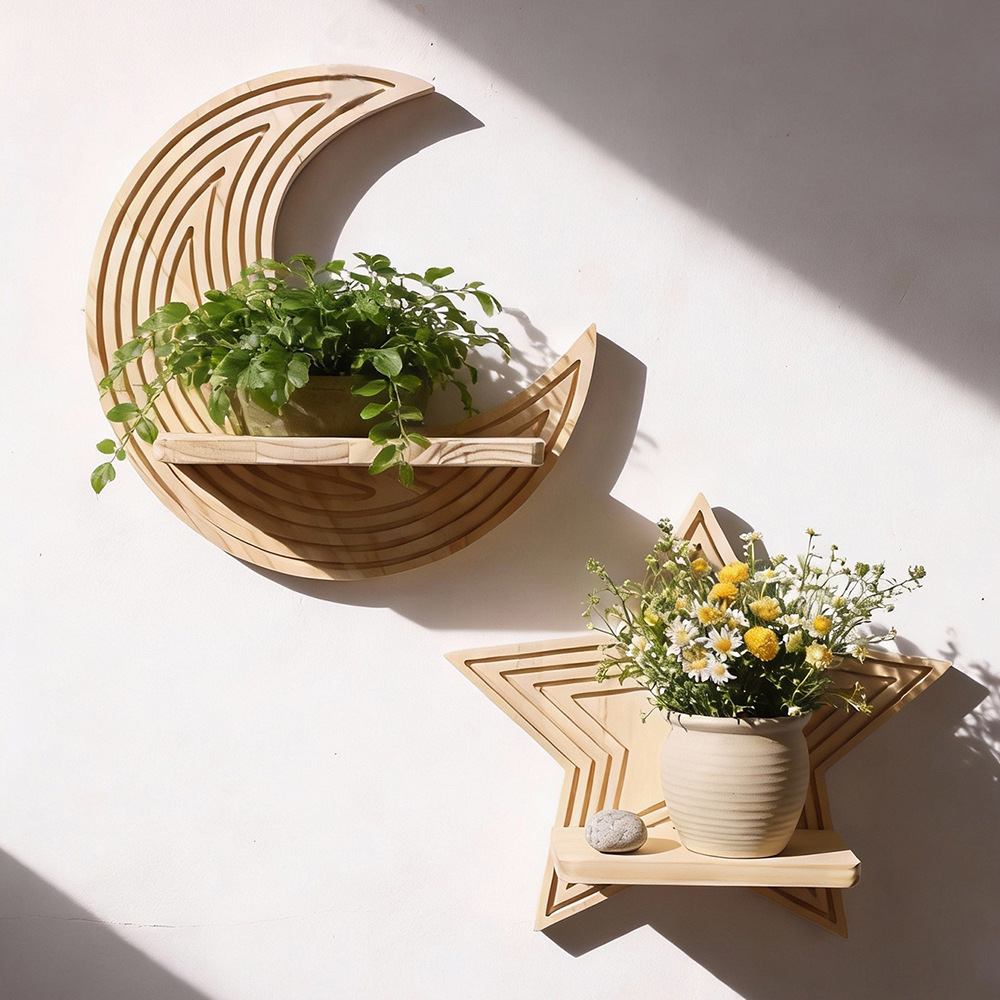 月と星の形をした木製フローティングウォールシェルフ、植物や装 - Floating Shelves のレビューと価格