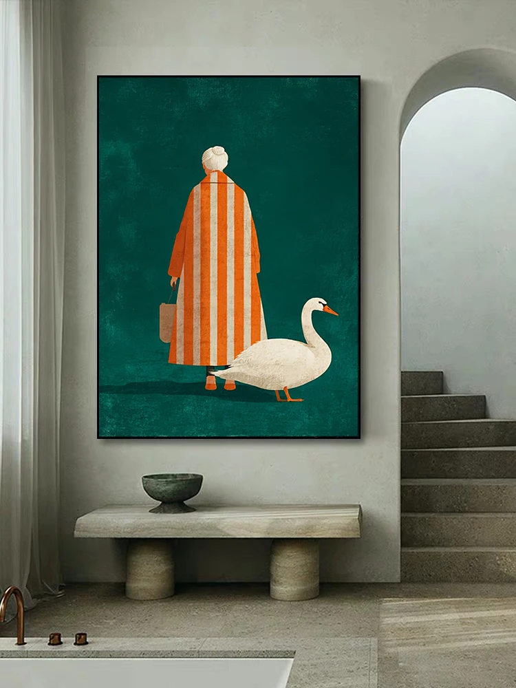 オレンジと白のストライプのポスターに描かれた老婦人と白いガチ - Home Decor Zen のレビューと価格